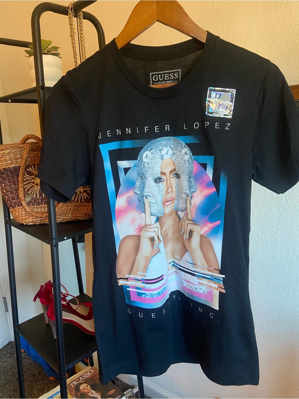 Guess Black Jennifer Lopez Graphic Tee with Multicolor Artwork